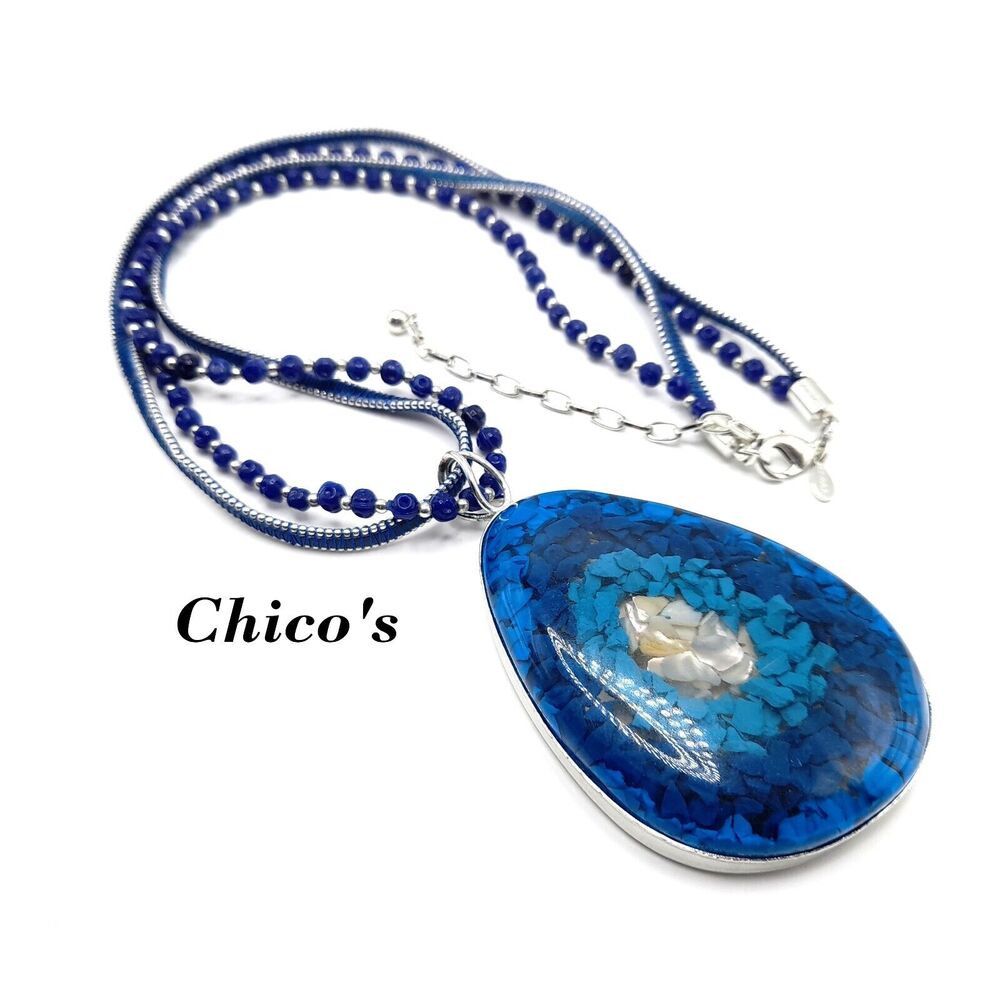 Chico's Faux Turquoise Chip Huge 4" Lucite Pendant Beaded Necklace 33"